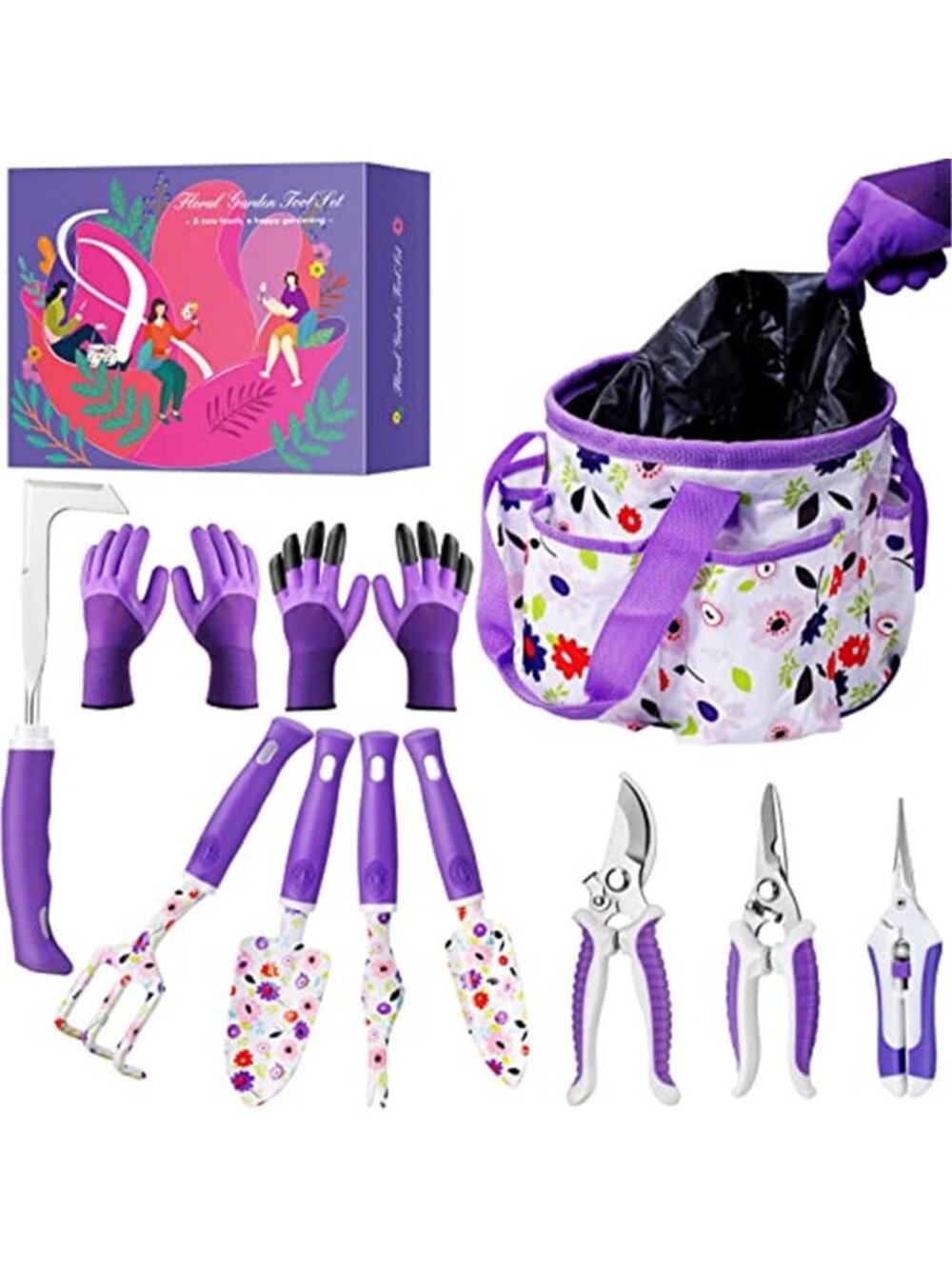 Purple Floral Garden Tool Set Heavy Duty Aluminum Gardening Kit Tote Bag Gifts